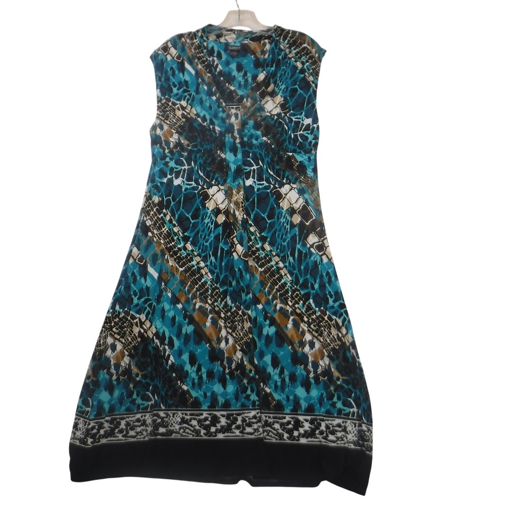 Glamour Womens Teal Snakeskin Print V-Neck A-Line Midi Dress Size 12 Stretch